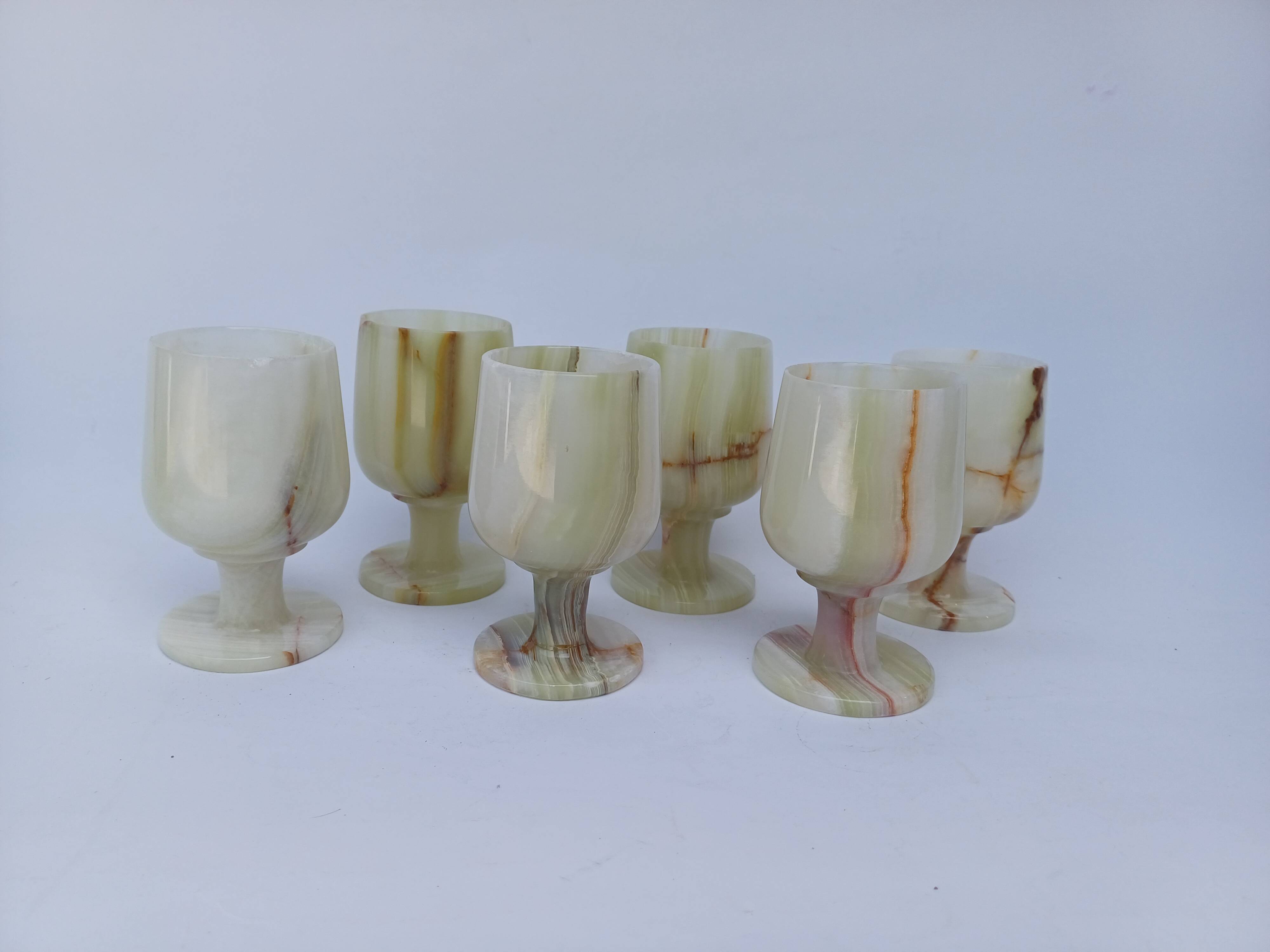 set of 6 small wine glasses in green alabaster stone