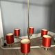 Kaiser Leuchten six-arm brass chandelier, red shades, crystal glass