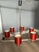 Kaiser Leuchten six-arm brass chandelier, red shades, crystal glass