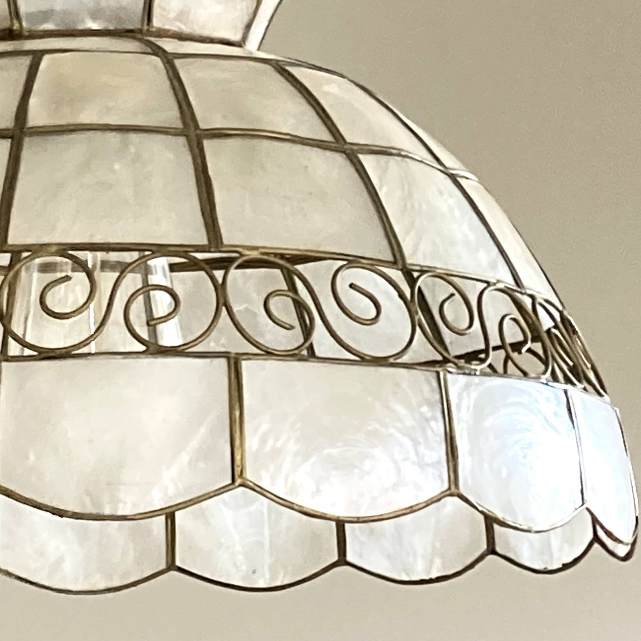 Chandelier suspension lampshade in mother-of-pearl and brass lighting vintage antique ceiling lamp