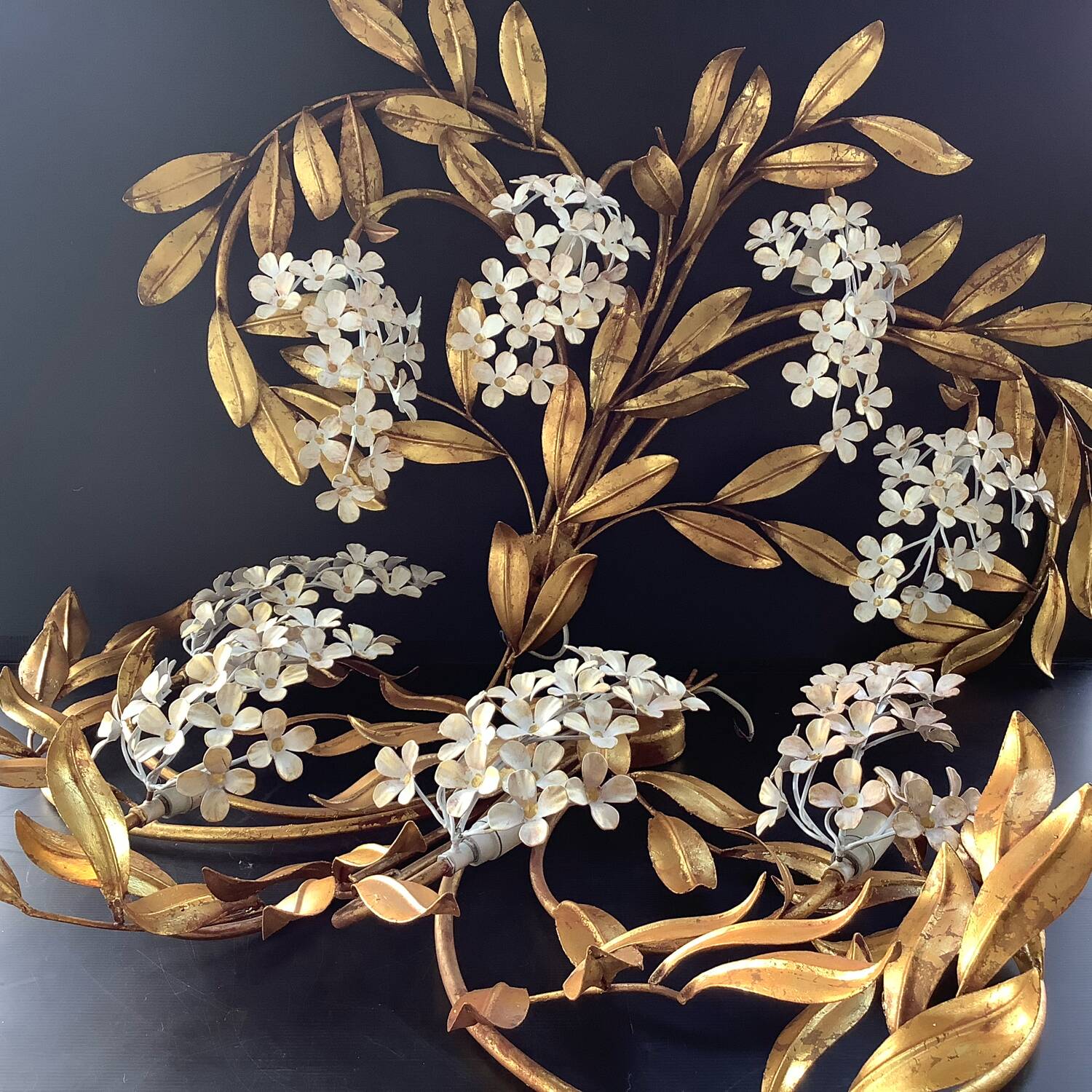 Hans Kogl 2 Vintage Wisteria Floral Wall Sconces with Gold Leaf Finish, 4 Lights