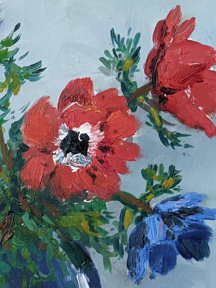 Acrylic painting on canvas, still life, anemones, bohemian countryside