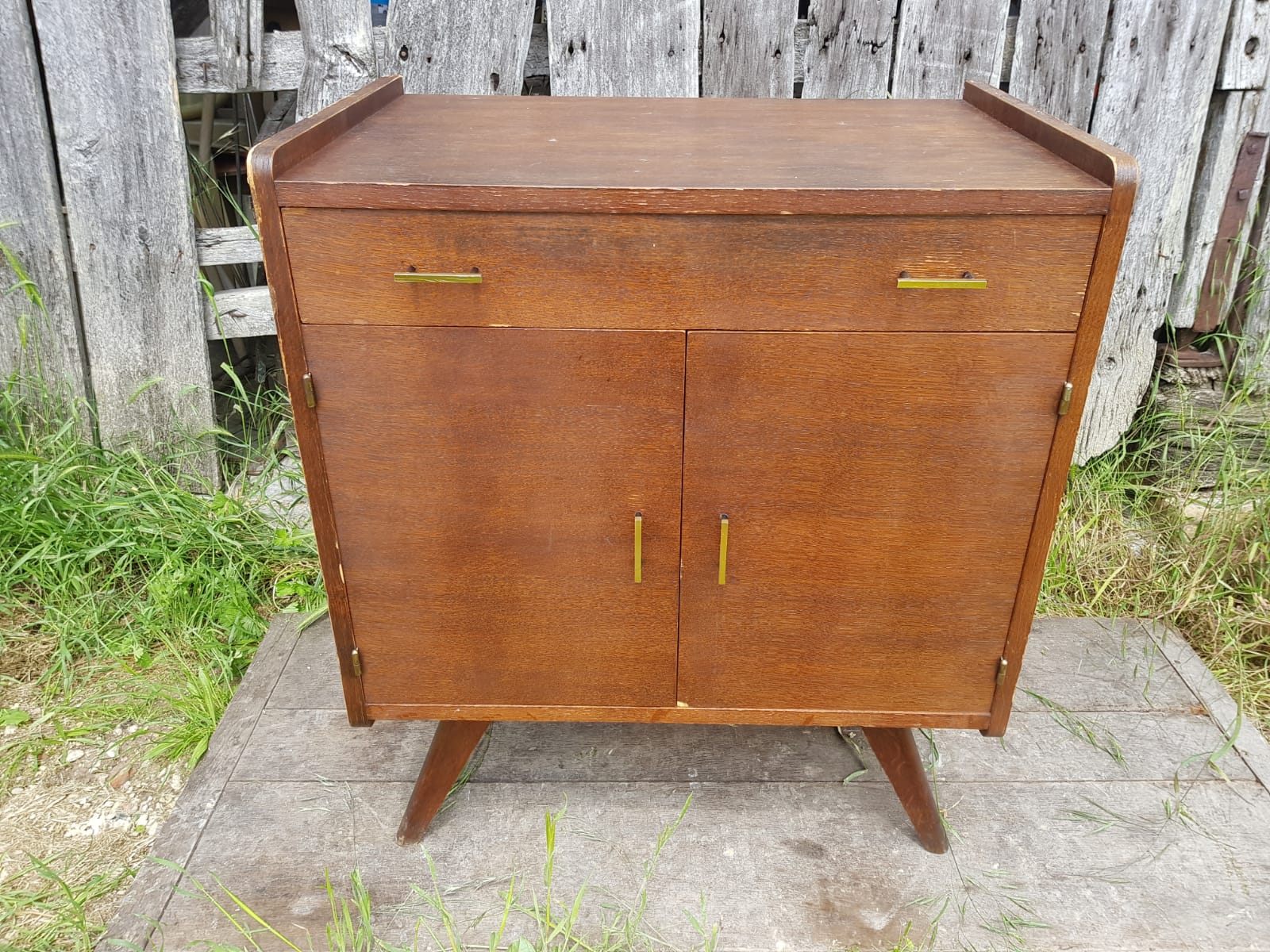 Old Chest of Drawers Drawer + Doors Wood Feet Compass 70s Vintage
