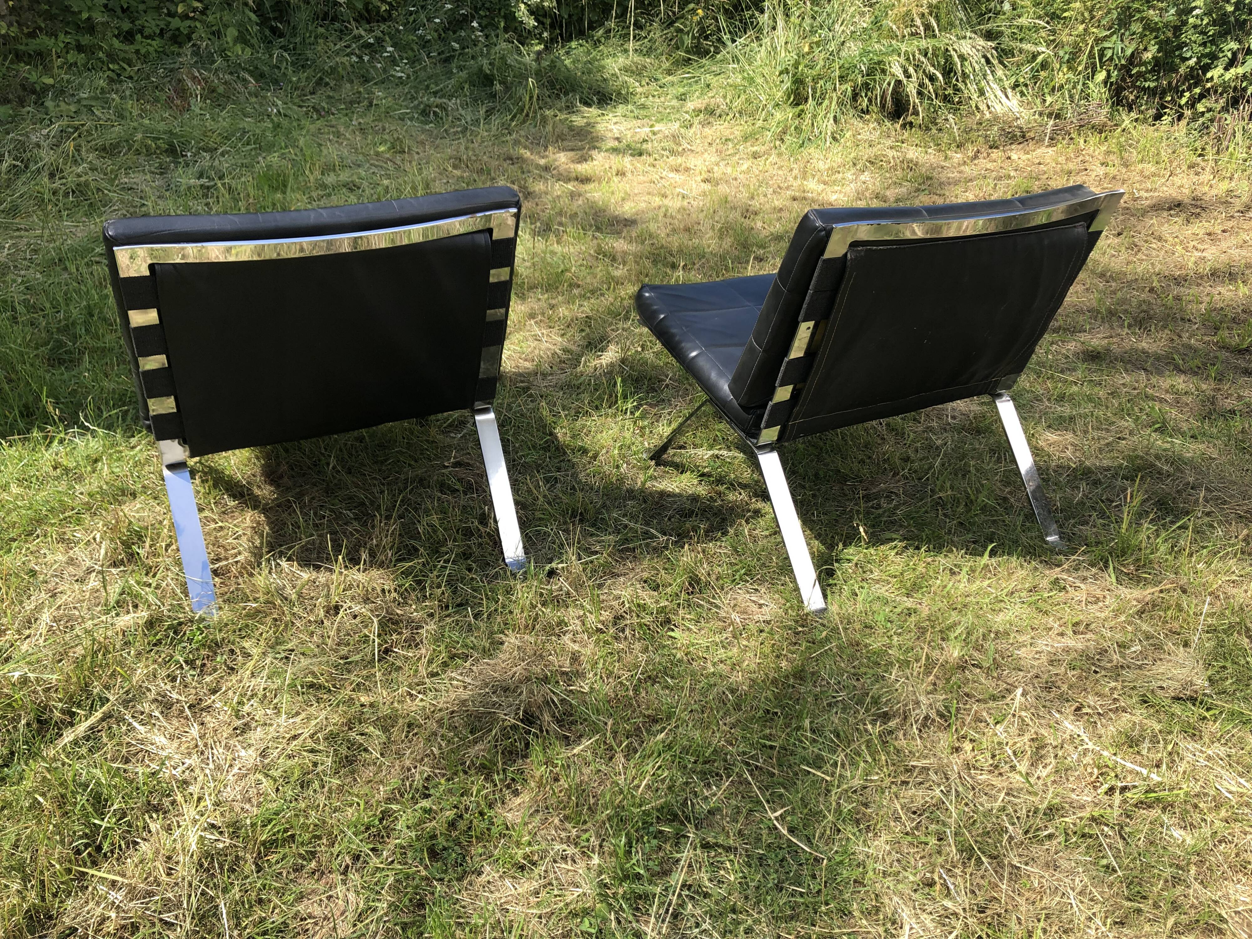 2 Lounge armchairs, Girsberger leather and chrome, 1968