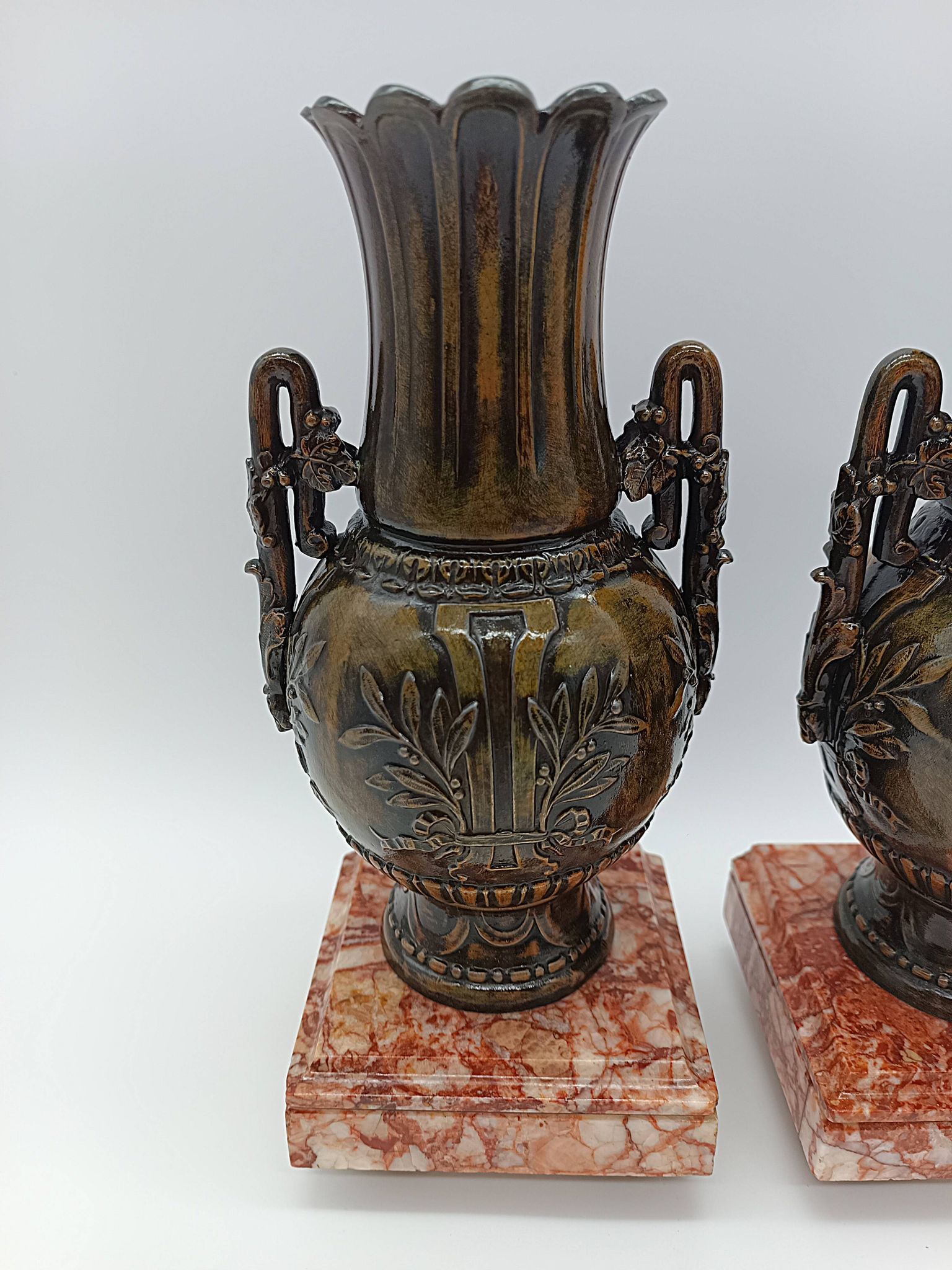 Pair of Antique Cassolettes Vases Louis XVI Style Regule & Red Marble 19