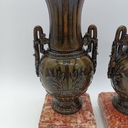 Pair of Antique Cassolettes Vases Louis XVI Style Regule & Red Marble 19