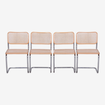 Set of four Breuer chairs, chrome-plated steel, rattan, beech, italy, 1960s