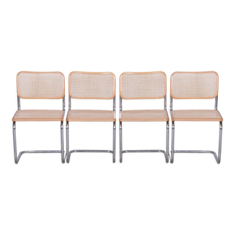 Set of four Breuer chairs, chrome-plated steel, rattan, beech, italy, 1960s