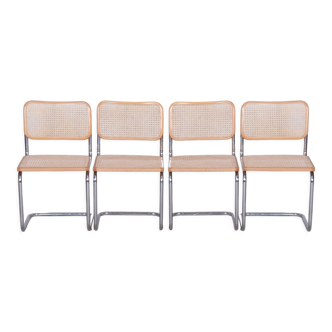Lot de 4 chaises de Marcel Breuer, acier chromé, rotin, hêtre, Italie, années 1960