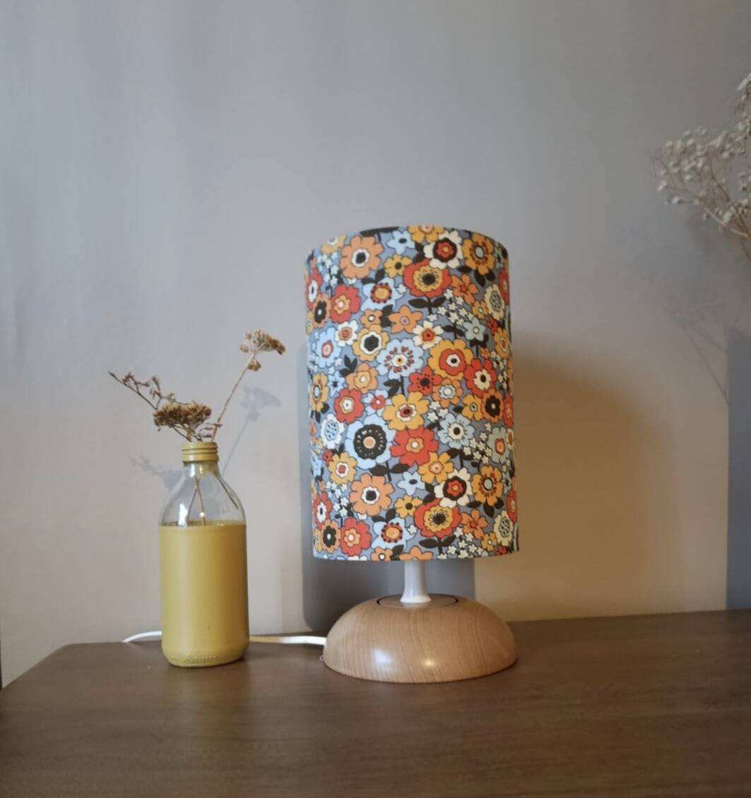 vintage light wood lamp, flower power lampshade