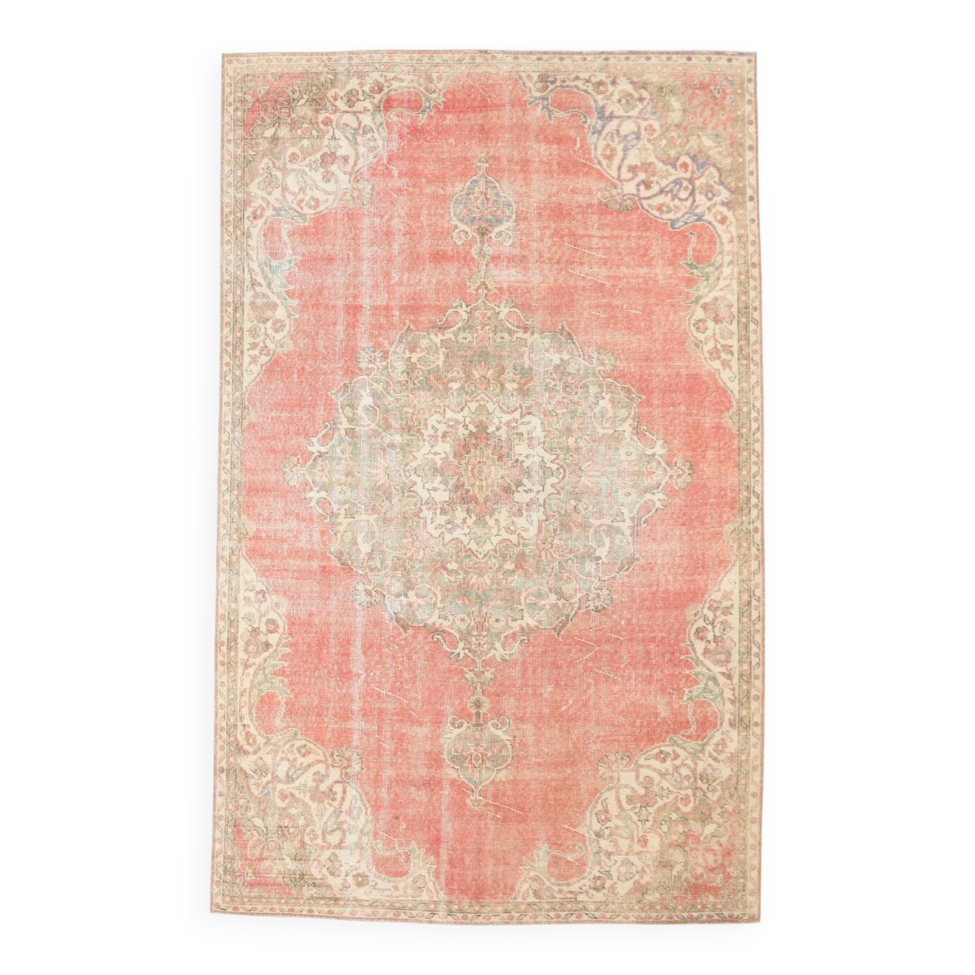 Tapis persan ancien noué main rouge corail, médaillon central floral