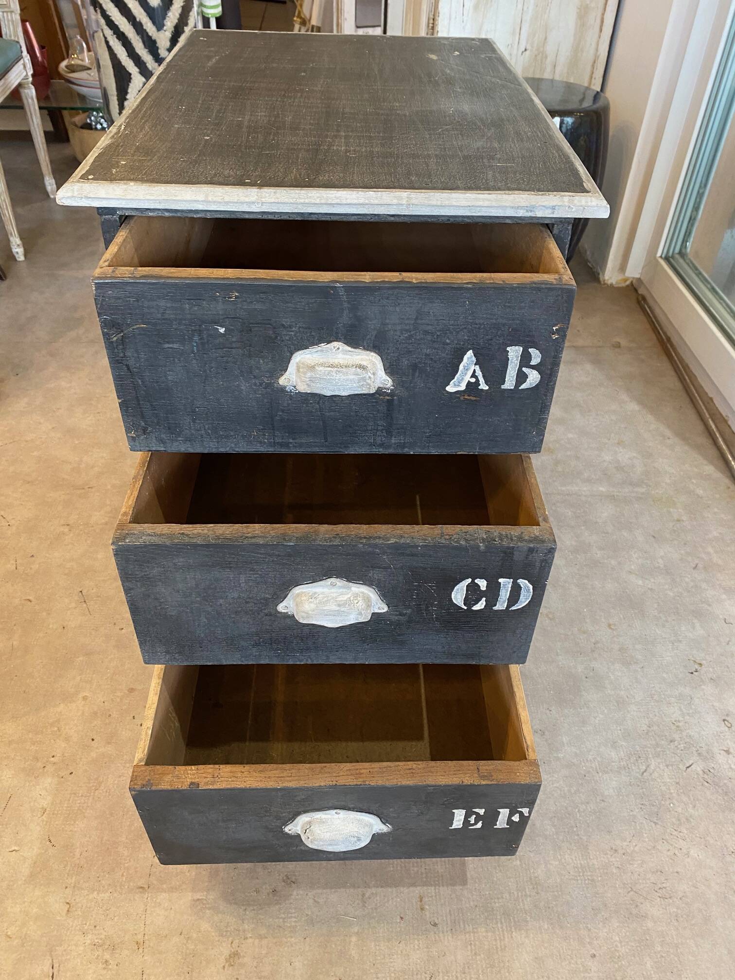 Antique professional furniture in patinated wood with 3 administration locker drawers