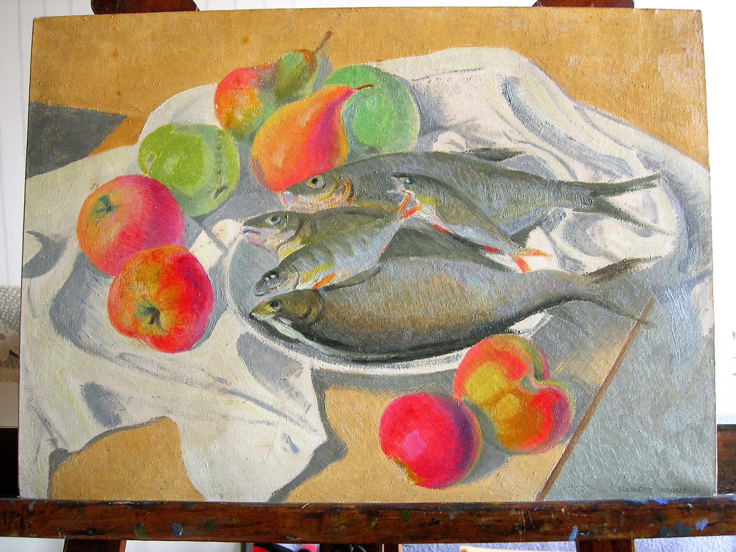 Still life with fish and fruit by Robert Vignoux (XXth)