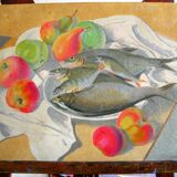 Still life with fish and fruit by Robert Vignoux (XXth)