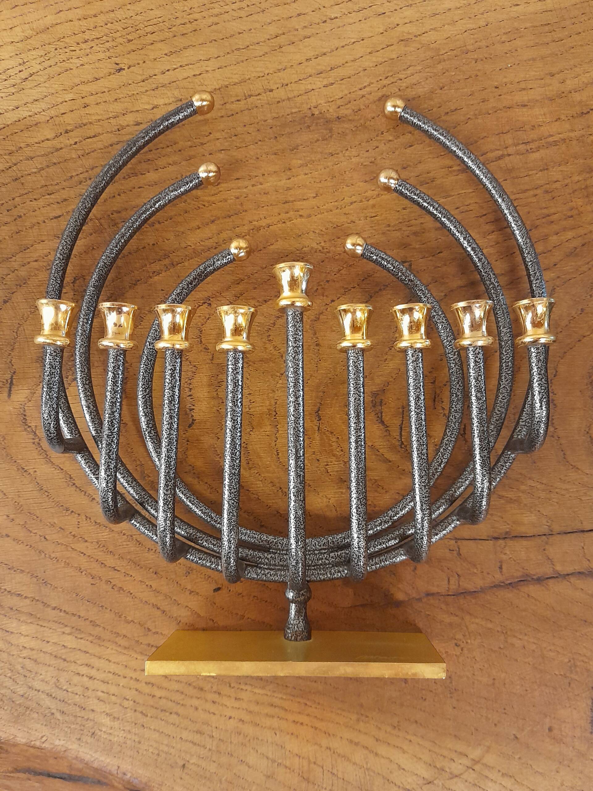 Menorah Hanoukia gold and silver plated, made in Israel by Karshi, 1970