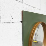 Unusual round wall mirror 60 cm teak edge on green rectangular board 1960.