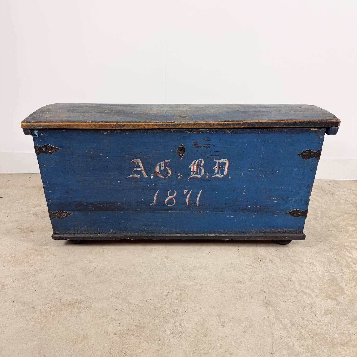 Antique Blue Painted Wooden Chest – Dated 1871