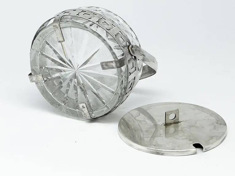 Sugar bowl, postmodernism, glass, silver-plated brass, Poland, 1970s