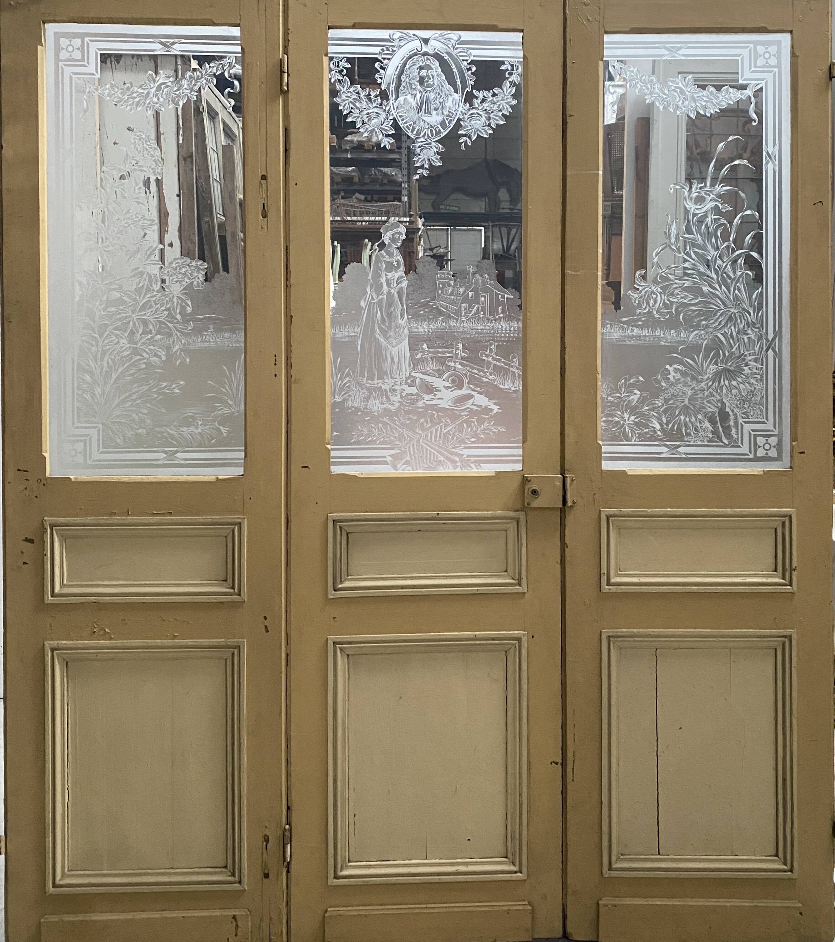 Set of three Art Nouveau 20th-century wooden and etched glass partition doors