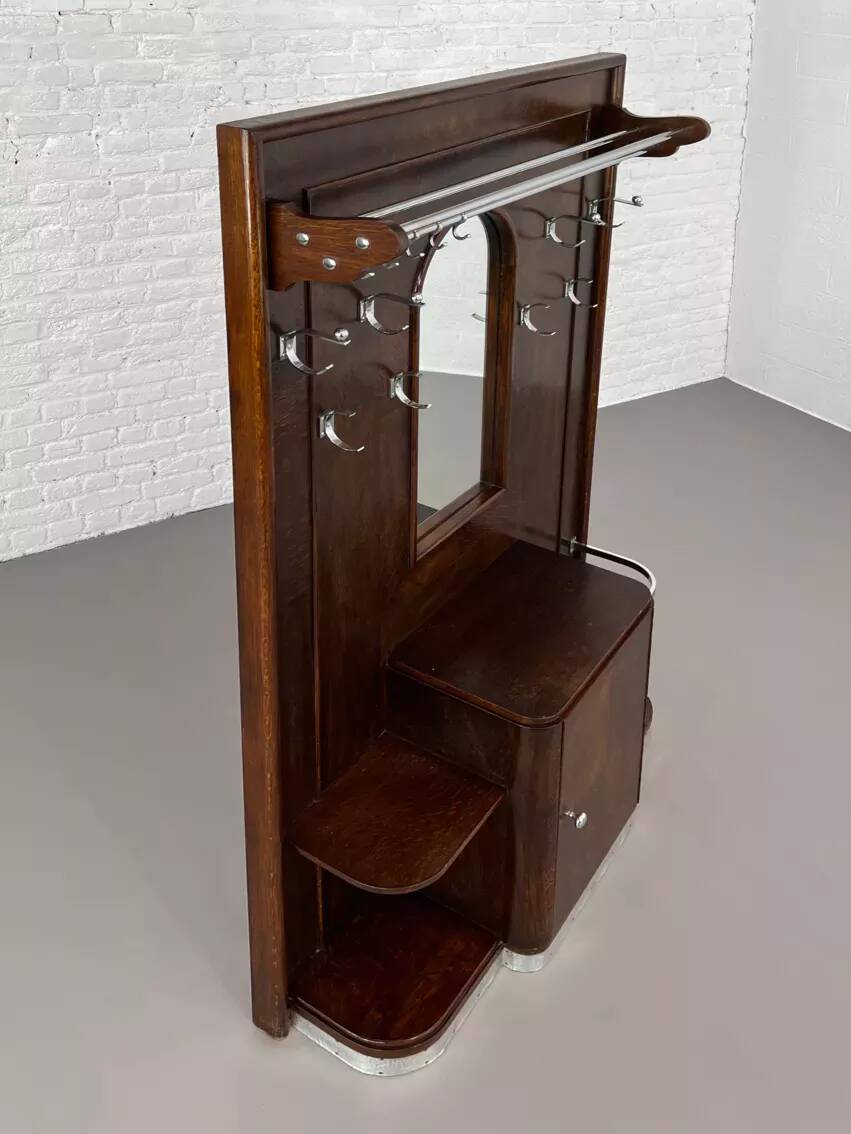 Art deco cloakroom coat rack in wood, mirror and chrome metal