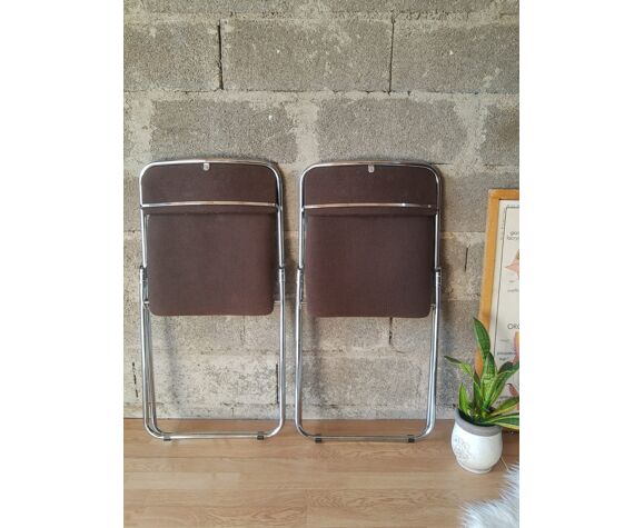 Lot de deux chaises pliantes en tissu marron et métal - vintage