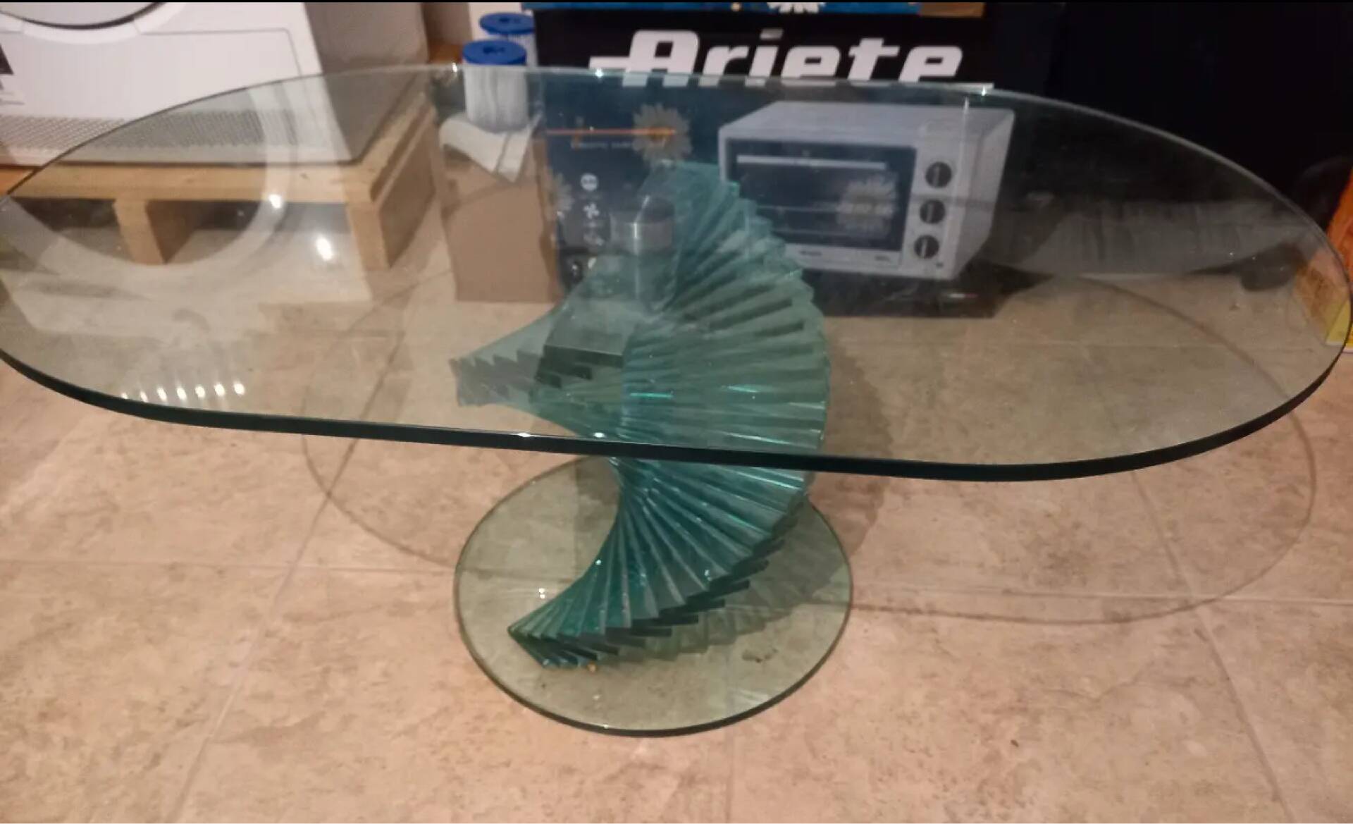 90s Sculptural Glass Coffee Table - Aqua Spiral Base