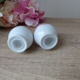 Set of 4 vintage colored egg cups with spoons, salt and pepper shakers