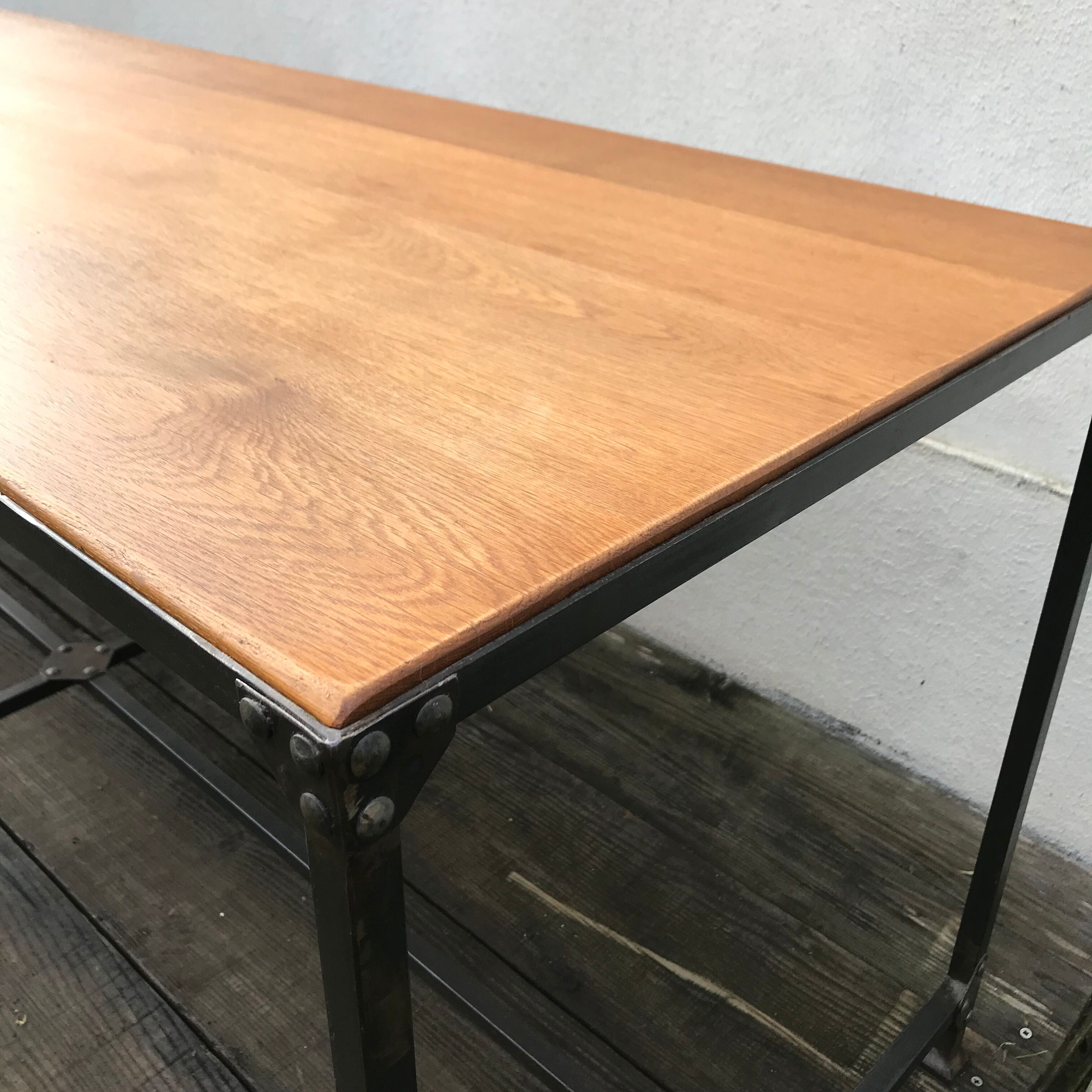 Vintage steel workshop table and oak top