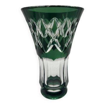 Cut and lined green crystal vase from Val Saint-Lambert