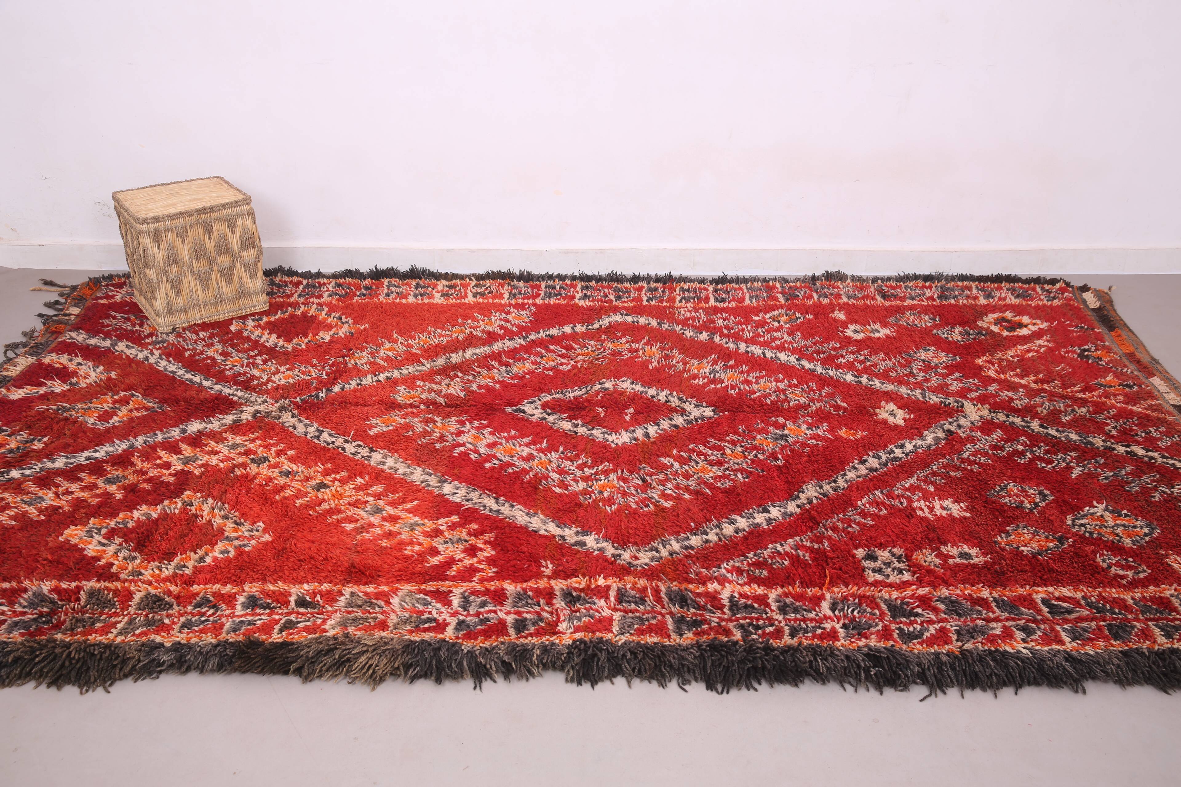 Tapis marocain vintage rouge 220 x 356 cm - Tapis en laine berbère rare - Tapis fait main