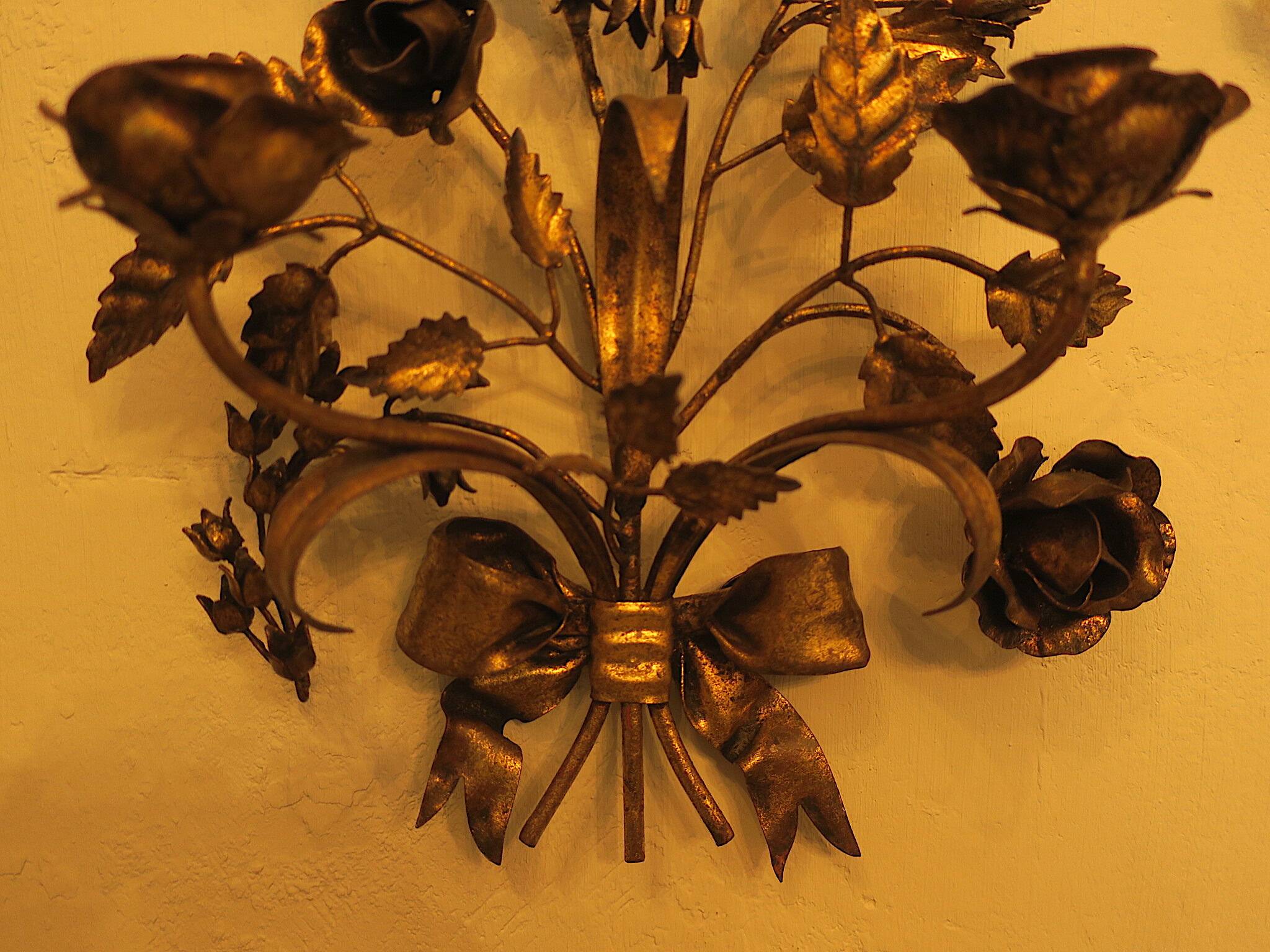 Pair of gold plated wall double candleholders with roses by Hans Kögl, 1960