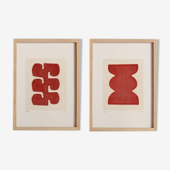 Duo of paintings on paper - burnt red - signed Eawy