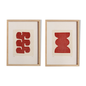 Duo of paintings on paper - burnt red - signed Eawy