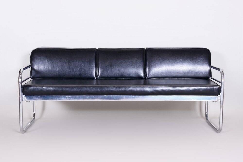 Sofa in Chrome-Plated Tubular Steel and Black Leather attributed to Hynek Gottwald, Former Czechoslovakia, 1930s