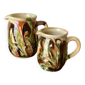 Pair of mixed glazed earthenware pitchers Dieulefit 1970