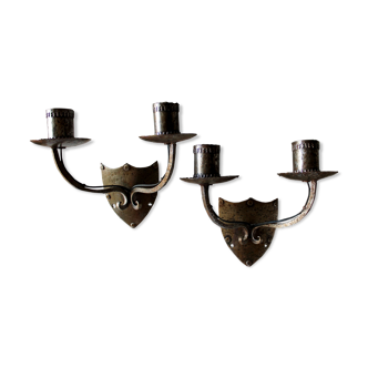 Pair of sconces, medieval style, wrought iron and hammered