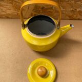 Antique michael lax teapot for copco yellow enameled metal + wooden handle #b274
