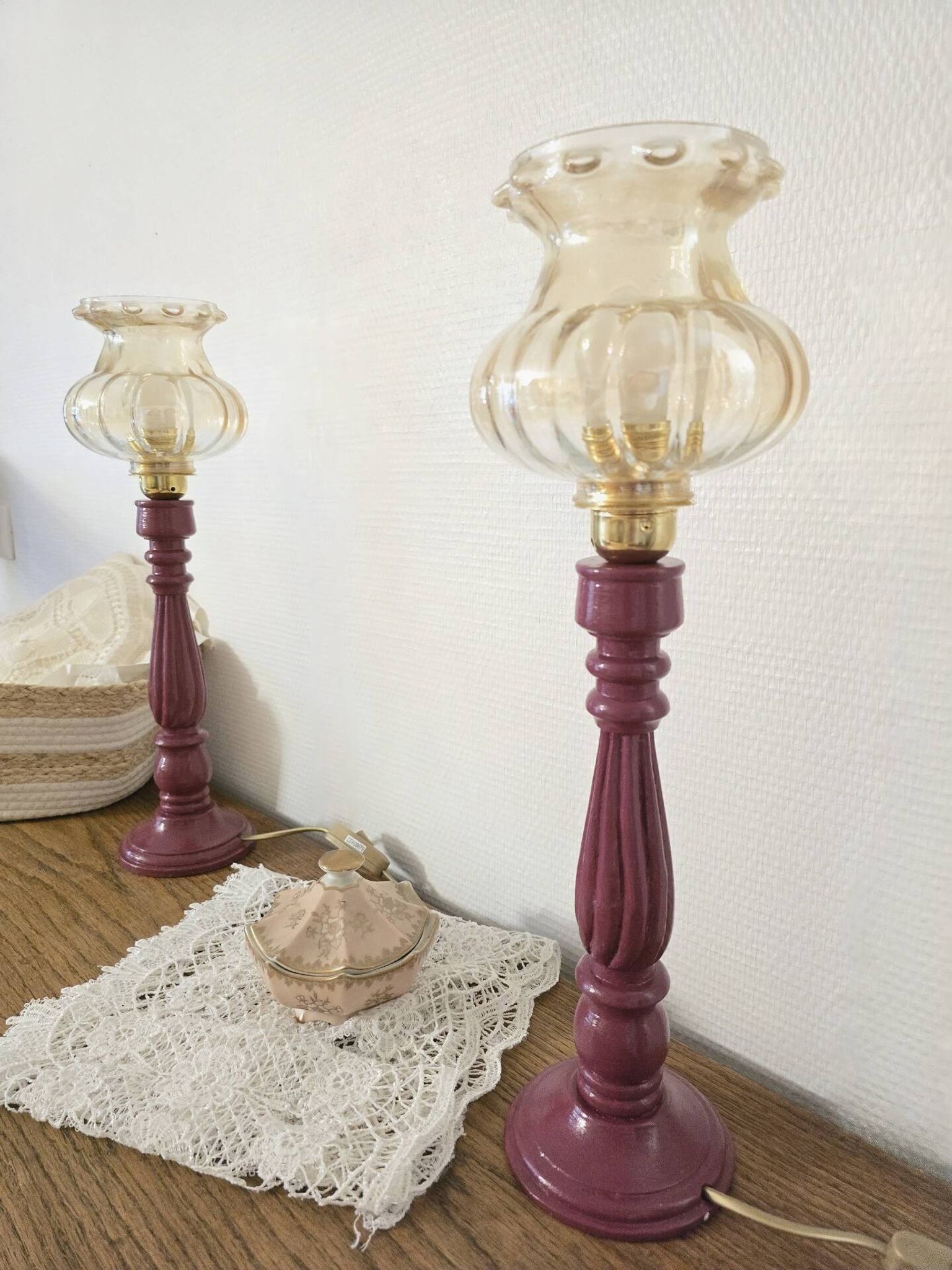 Vintage table lamps – Repainted glossy purple wooden bases + globes a