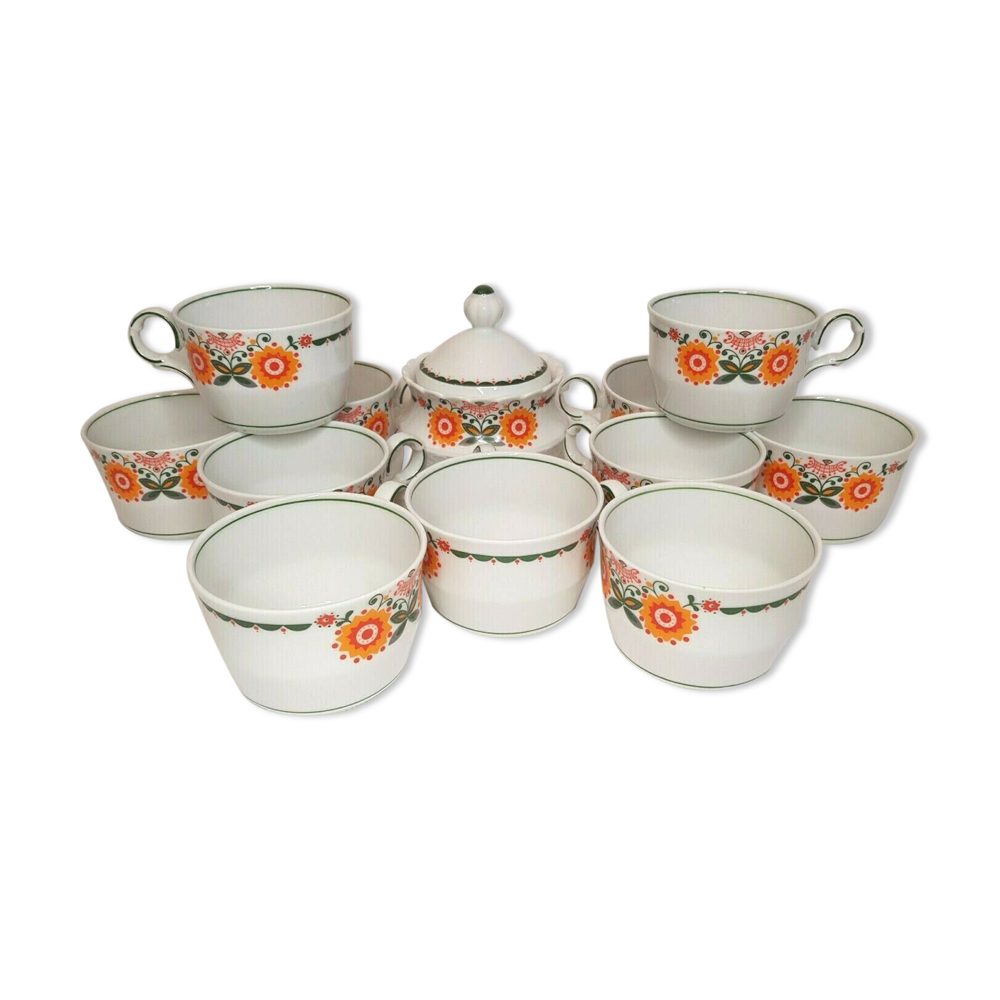 11 cups coffee and sugar pot décor lotus orange 70s