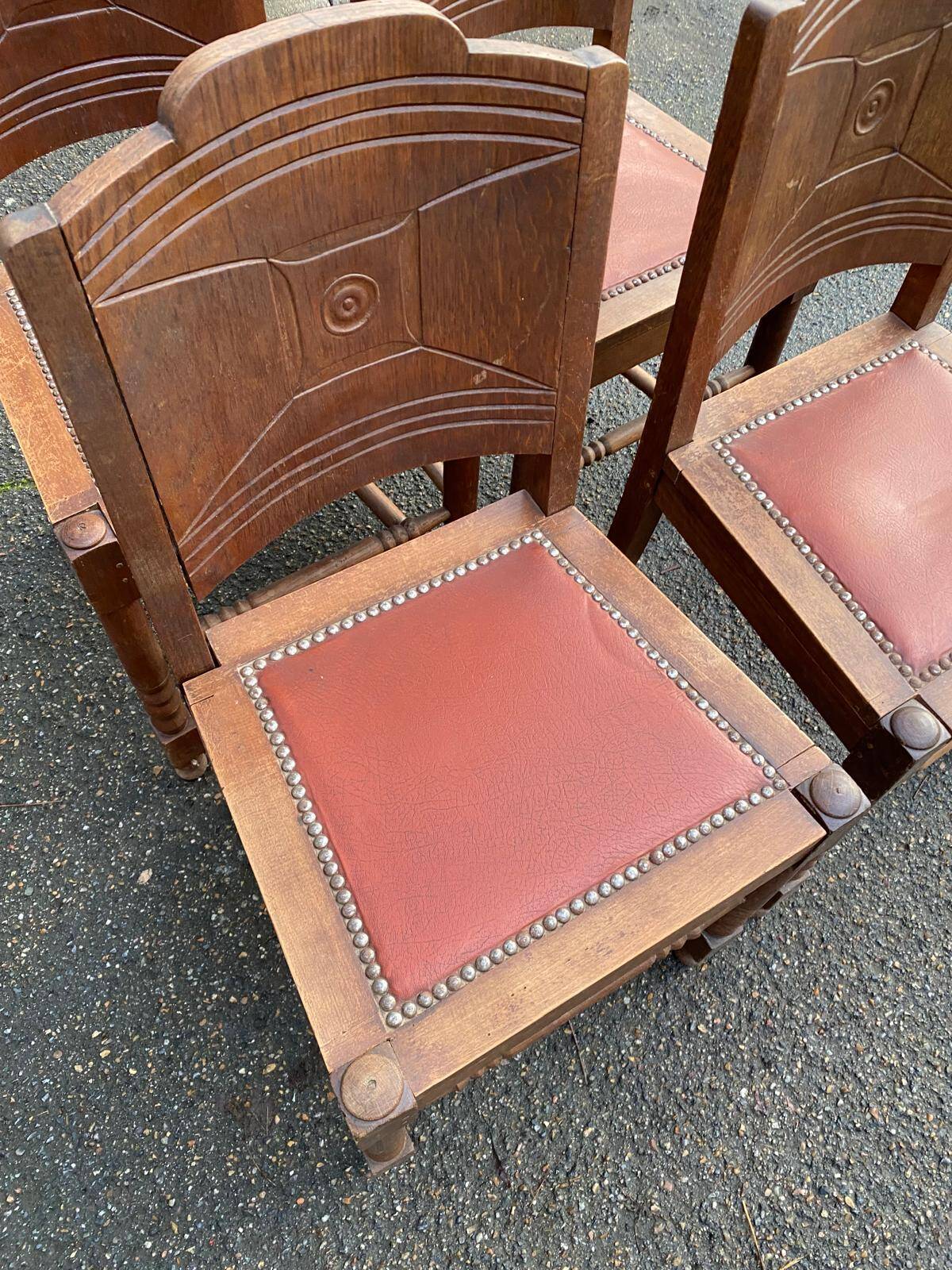 4 Art Deco gondola chairs in solid oak with burgundy faux leather, 1930s.