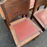 4 Art Deco gondola chairs in solid oak with burgundy faux leather, 1930s.