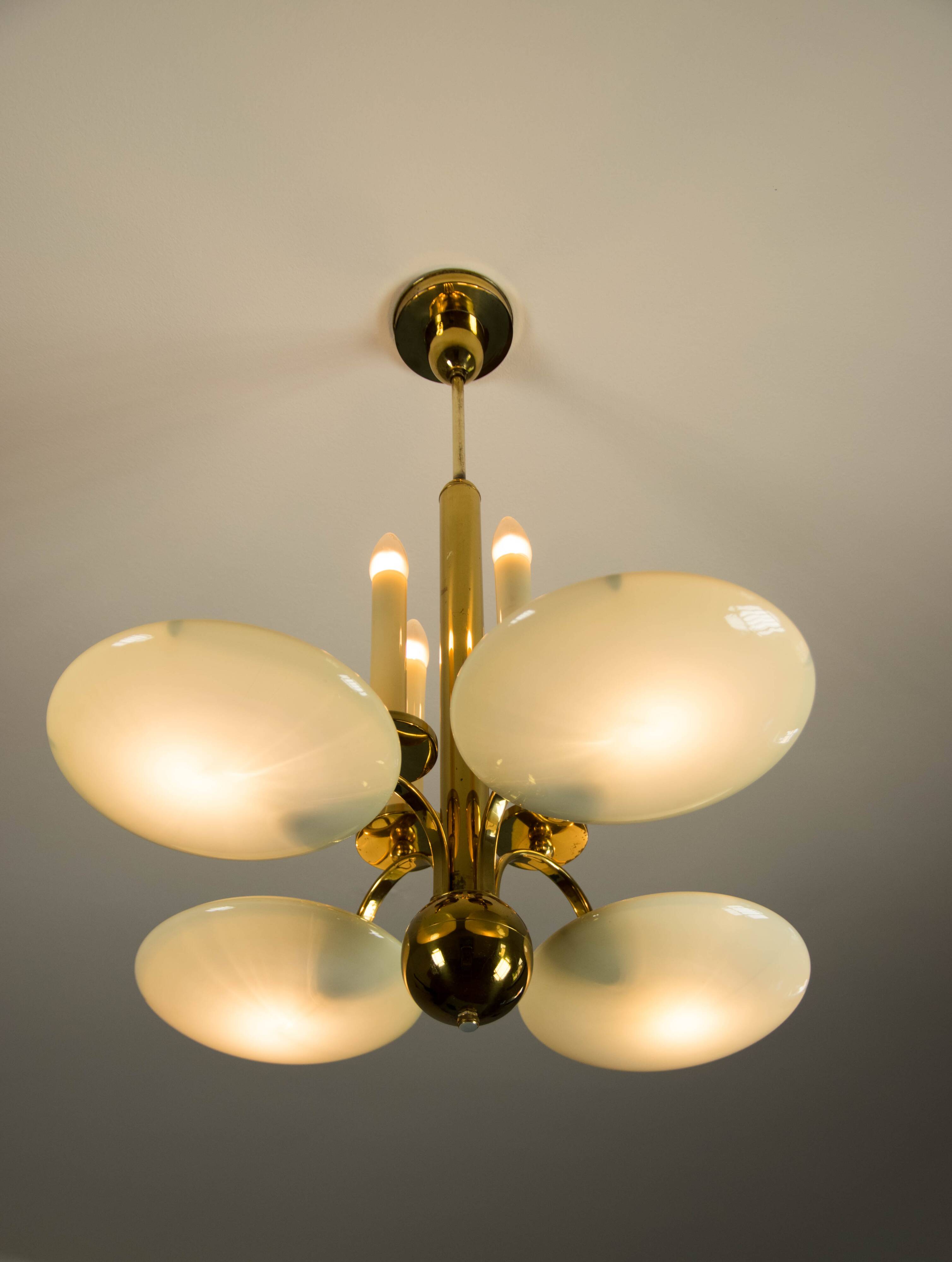 Art Deco Brass and Glass Chandelier, 1930s