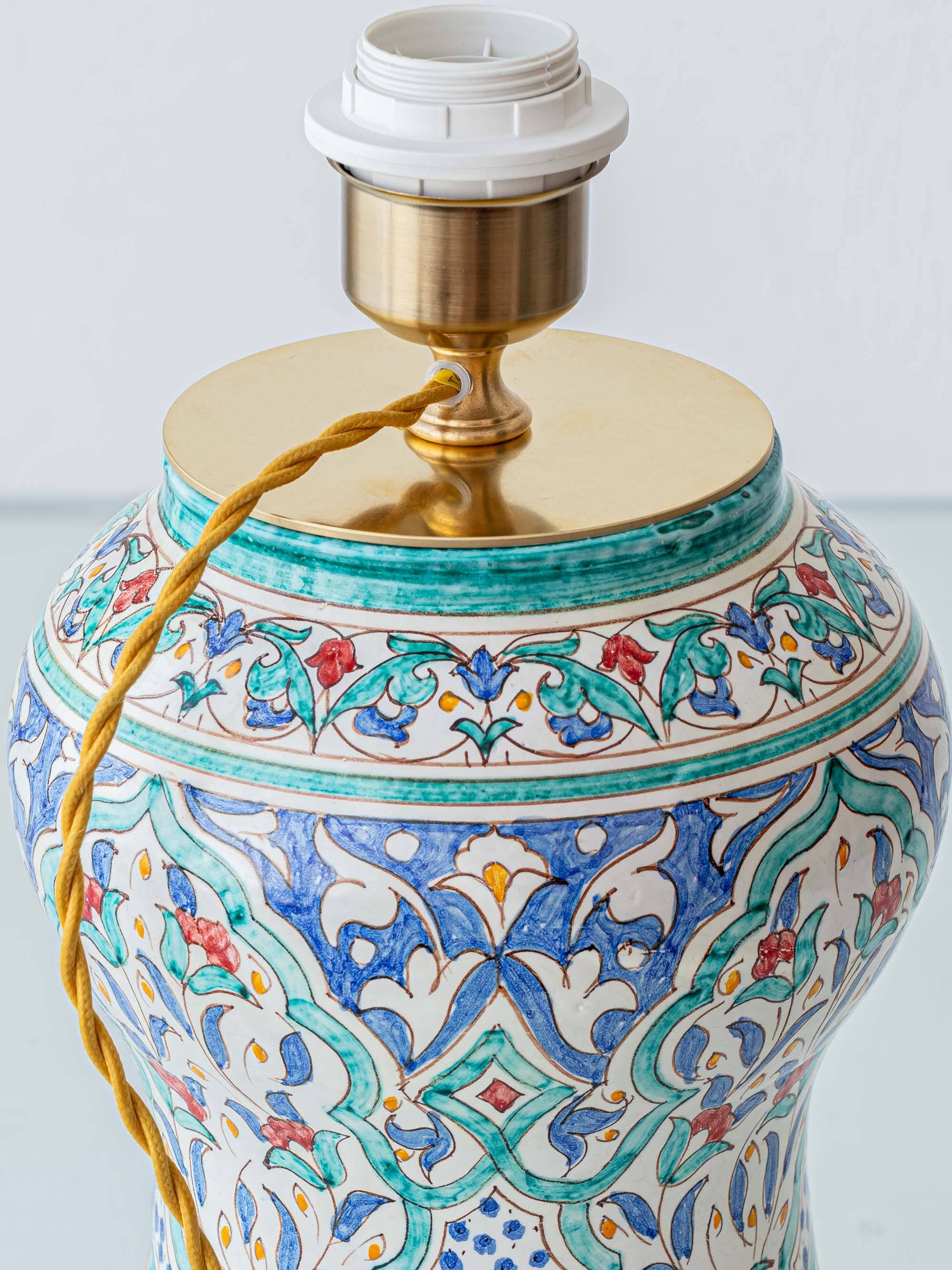 Mediterranean Table Lamp in Hand-Painted Spanish Ceramic, New Yellow Silk Shade