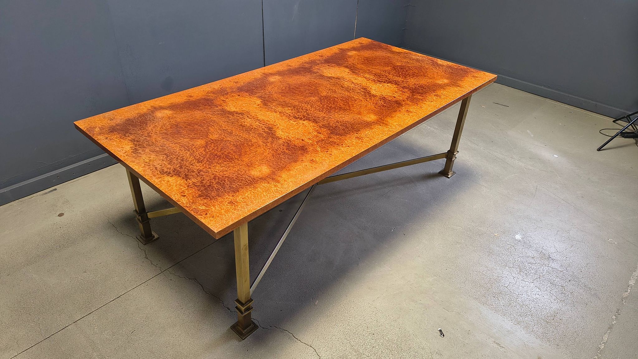 Vintage burl wood and brass dining table by Belgochrom, 1970s