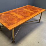 Vintage burl wood and brass dining table by Belgochrom, 1970s