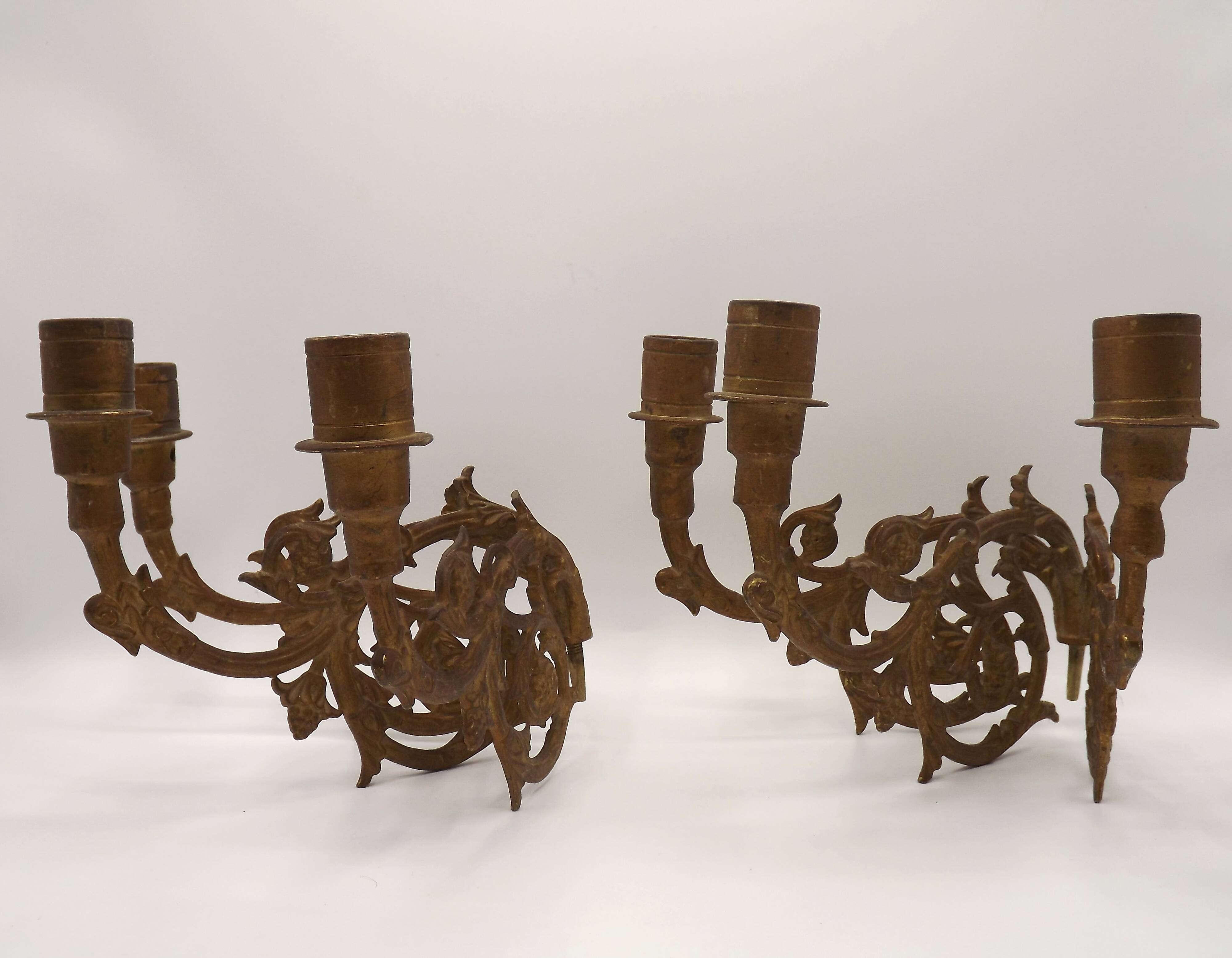 Stunning Pair of Large Antique 3-Arm Gilt Bronze Piano Sconce Candle Holders 4916