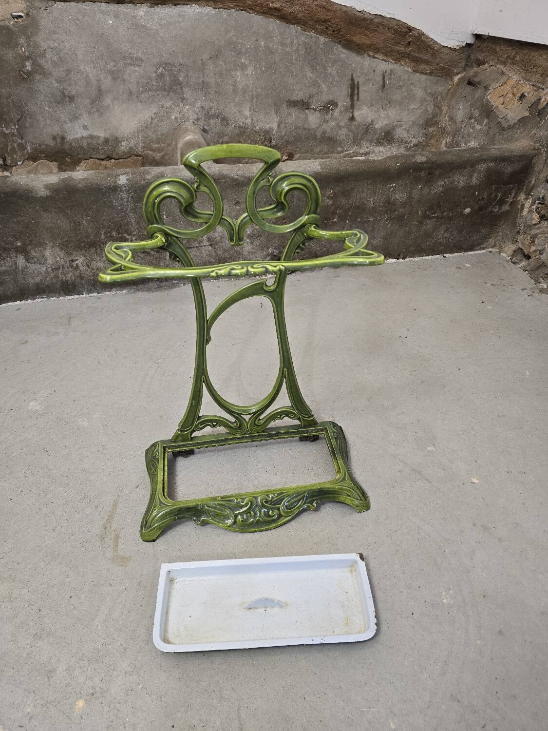 Art Nouveau umbrella stand in green enamelled cast iron