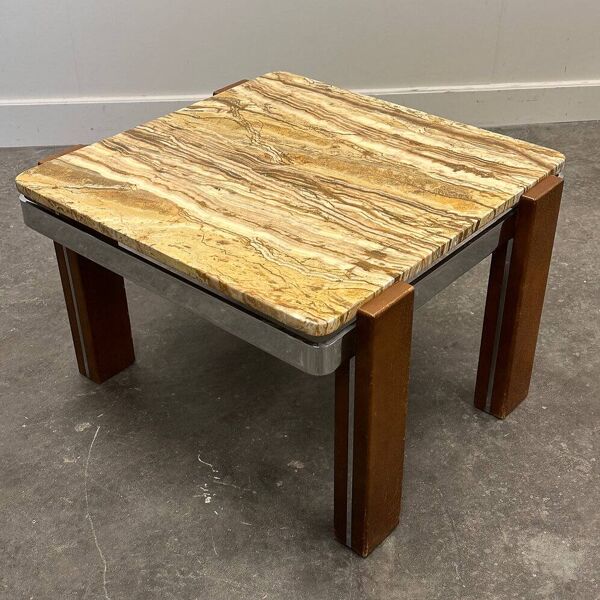 Table basse italienne des années 1970 en marbre Breccia Sarda et pieds en acier – tons caramel