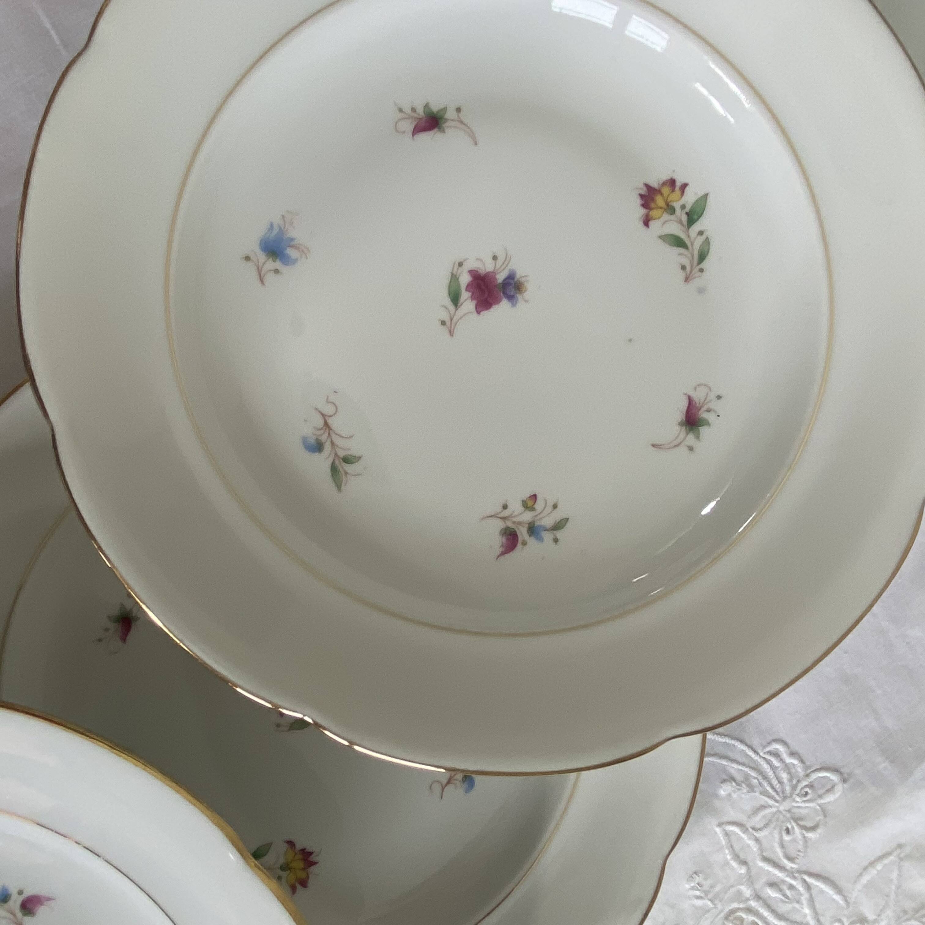 6 deep plates, antique porcelain with flowers and gilding, P L Limoges.