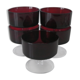 5 ruby red champagne glasses Luminarc vintage swedish model 70s